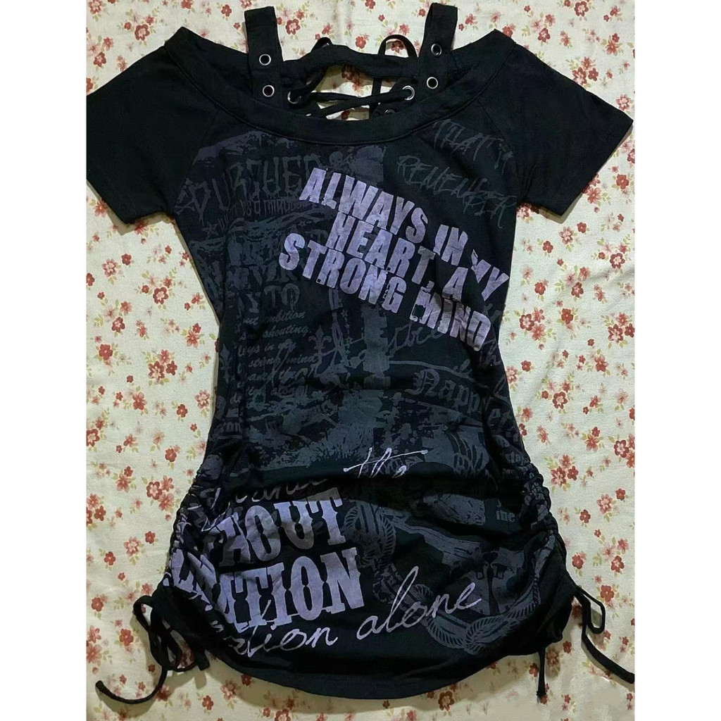 X-orange Punk Asian Culture y2k พิมพ์ Slim-fit Drawstring เสื้อยืดแขนสั้นสายรัดหลังด้านบนฤดูร้อนสไตล์ใหม่เสื้อผ้าผู้หญิงลําลอง