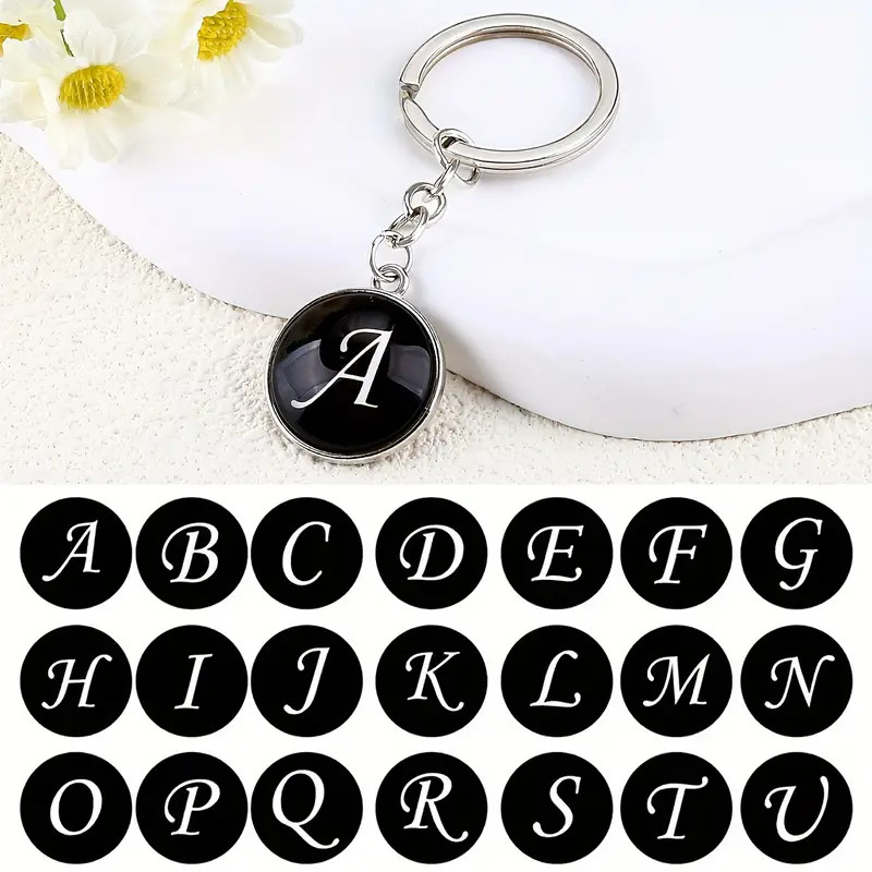 ตัวอักษรภาษาอังกฤษ Key Chains สีดํารอบสังกะสี AZ ตัวอักษรพวงกุญแจผู้หญิงกระเป๋าเครื่องประดับของขวัญวันเกิดรถ Key Holder
