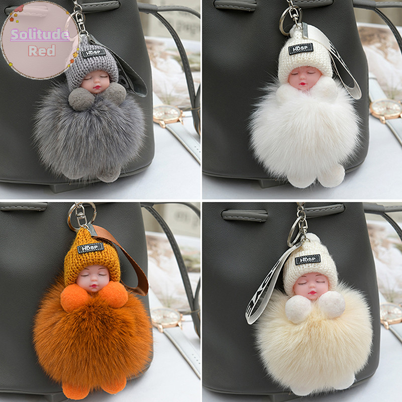 Solitudered Pompom Sleeping พวงกุญแจเด็กน่ารัก Fluffy ตุ๊กตาพวงกุญแจผู้หญิงสาวกระเป๋า Keyrings รถยนต์ Key แหวนเครื่องประดับ TH