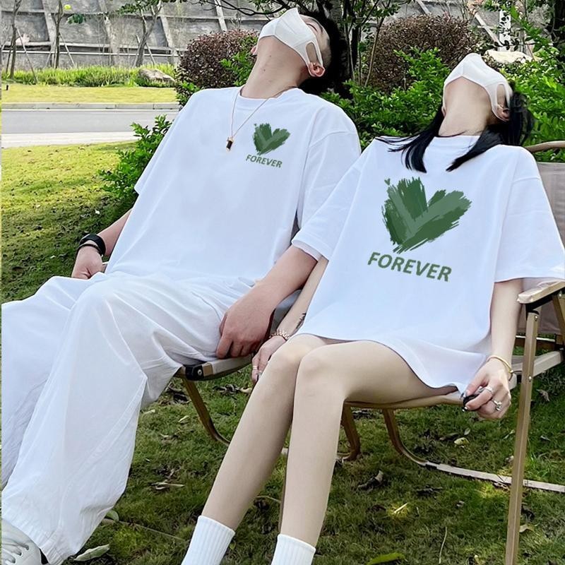 เกาหลี เสื้อแบบดารา เสื้อยืดแขนสั้น CMDXY1074 ผู้ชาย ผู้หญิง ลายทาง ตัวอักษร หลวม ลายสกรีน ฤดูร้อน ฤดูใบไม้ผลิ