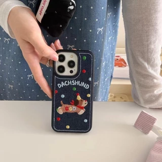 ไส้กรอกสุนัขยีนส์ปักเคสโทรศัพท์สําหรับiphone 11 12 13 14 15 16 Pro Maxใหม่เย็บปักถักร้อยสําหรับiPhone15Promaxกรณีปลอก