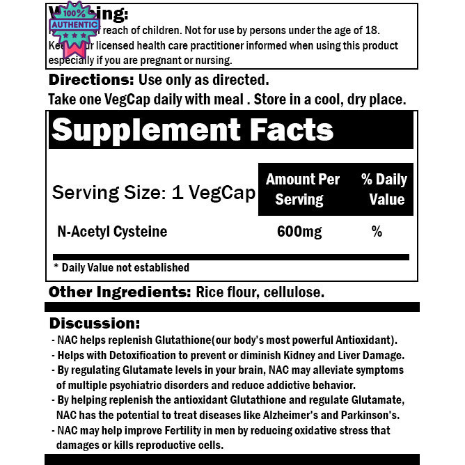 NAC N-acetylcysteine  600mg - 60 veg cap- cysteine -antioxidant -anti bacterial-anti parasite- graph