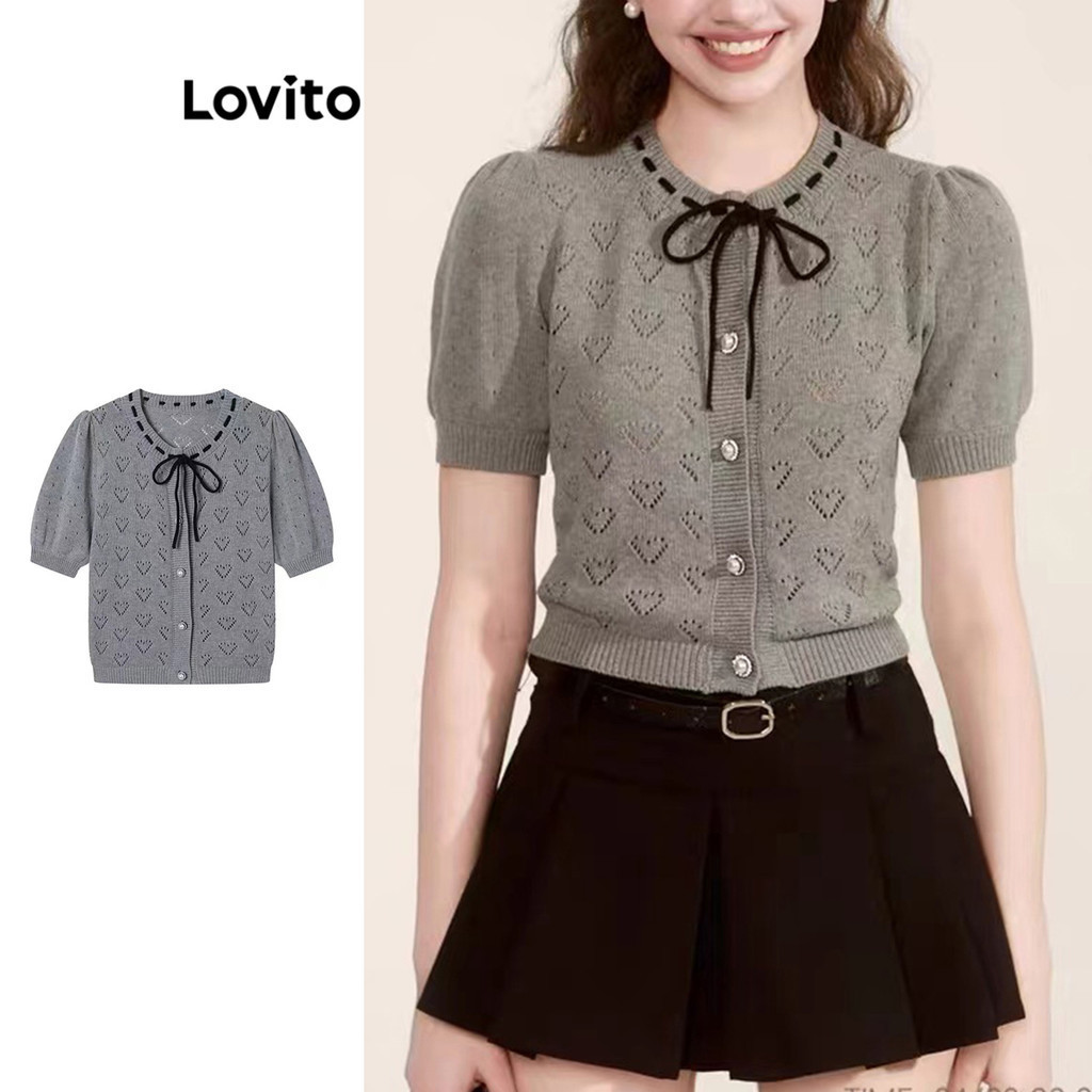 Lovito เสื้อคาร์ดิแกนผู้หญิง มีลาย สีพื้น สไตล์ลำลอง LNA69035