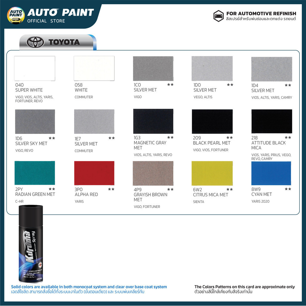 สีสเปรย์สีเบอร์ Toyota พ่นซ่อมและตกแต่ง สำหรับรถยนต์และจักรยานยนต์ (Kuruma Aerosol Spray)