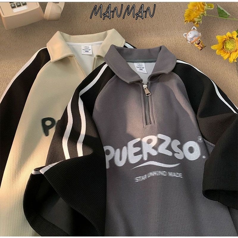 MANMAN เสื้อโปโลผู้ชาย แขนสั้นวาฟเฟิลด์ สไตล์อเมริกัน ใส่ได้ทั้งชายและหญิง แมทช์ลุคง่าย ใส่ได้ทั้งชายและหญิง