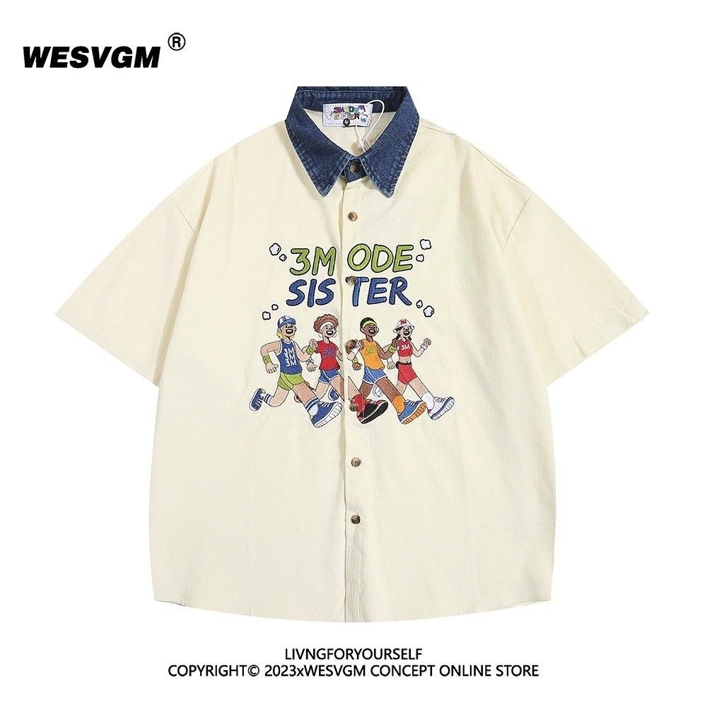 ฤดูร้อนอเมริกันย้อนยุคปักเย็บปะติดปะต่อกันแขนสั้นเสื้อผู้ชายและผู้หญิงหลวมแนวโน้มด้านบน