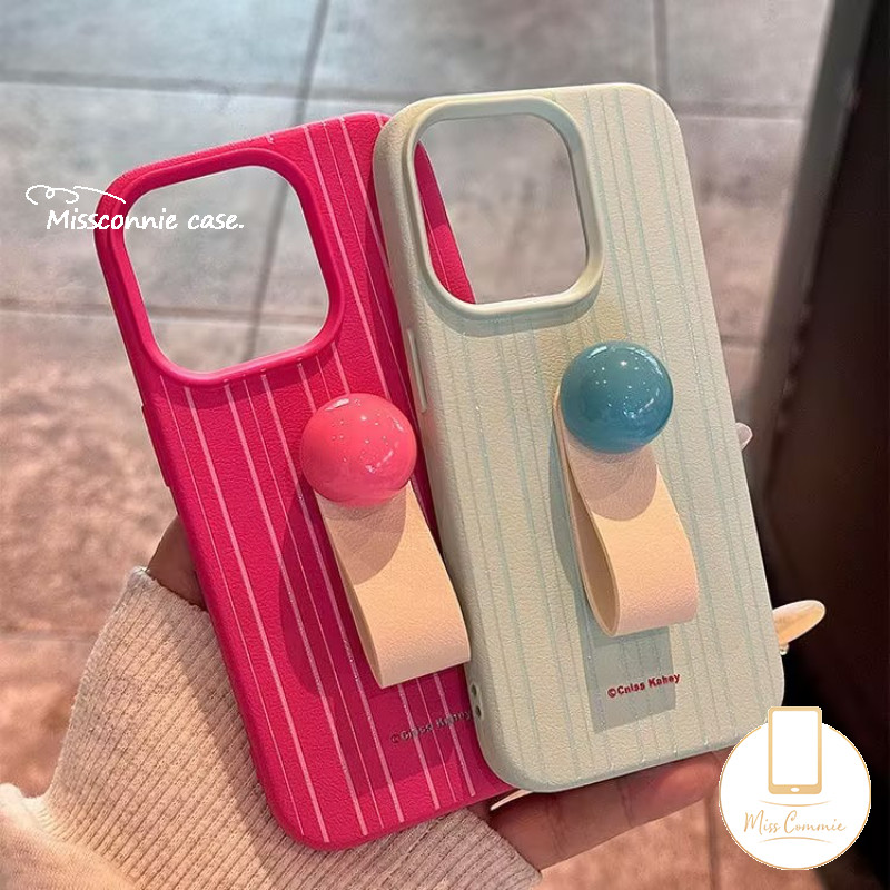 น่ารัก 3D Ball แหวนแขวน Vintage Stripes สําหรับ IPhone 15 16 12 11 13 14 Pro Max X XS Max XR 14 16 15 Plus หรูหราผิวรู้สึกหนังสี Candy นุ่ม