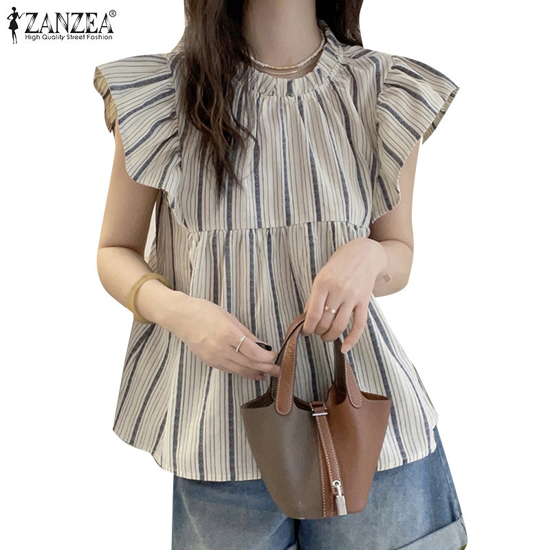 ZANZEA ซานเซีย ผู้หญิงเกาหลีลําลองรอบคอลายแขนสั้นเสื้อหลวม
