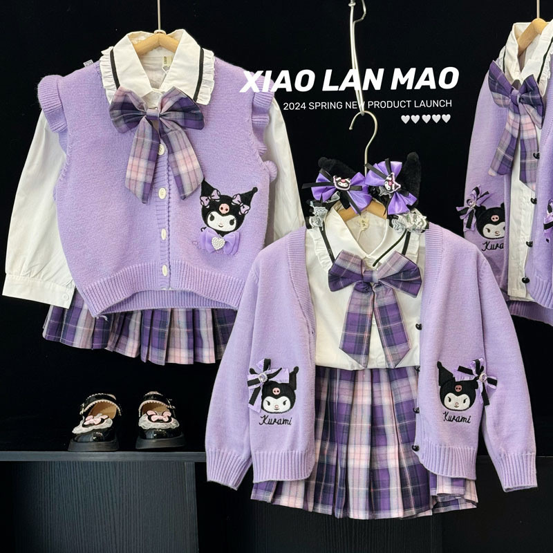 สาวเจเคสูทฤดูใบไม้ผลิเสื้อผ้า2024สไตล์ใหม่สไตล์กระโหลกสามชิ้นเด็กชุดจีบกระโปรงคุโรมิเสื้อถัก