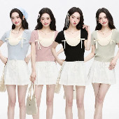 DODO สินค้าพร้อมส่ง เสื้อไหมพรมแขนสั้นสีตัดผ้าเย็บติดกันงานผ้าร่องประดับโบว์ด้านหน้าเก๋ๆ(Z029)