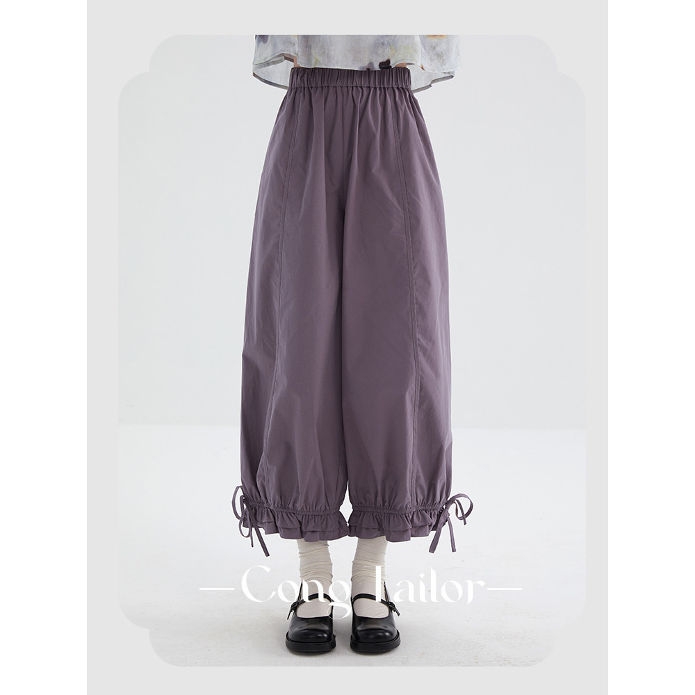 Milyfashion สองชั้นลูกไม้โบว์สีดำกางเกงดอกตูมผู้หญิงกางเกงลำลองทรงหลวมแบบบางเข้าชุดง่ายใส่ช่วงฤดูร้อนสไตล์ตะวันตก