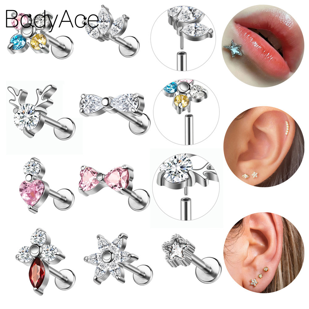 Bodyace 1 Pc 16G Lip Stud สแตนเลสสตีลเจาะริมฝีปากคริสตัล Labret เจาะ Star Labret Stud Plug สไตล์ Body Piercing