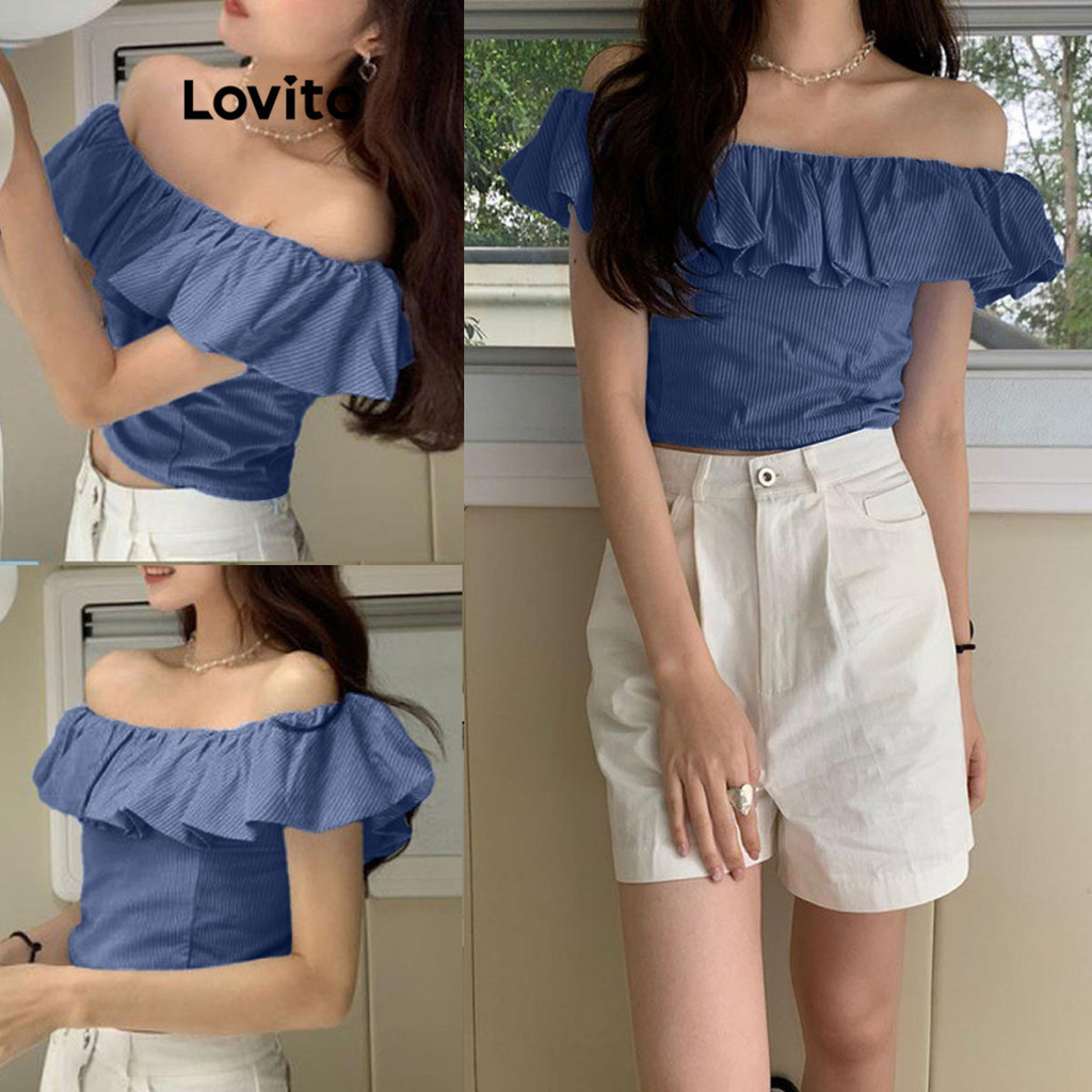 Lovito เสื้อเปิดไหล่ผู้หญิง แต่งระบาย ลายทาง สไตล์ลำลอง LNM65157