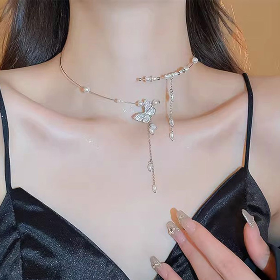หรูหราระดับไฮเอนด์เงินผีเสื้อมุกพู่จี้คอแฟชั่นประณีตสร้อยคอ