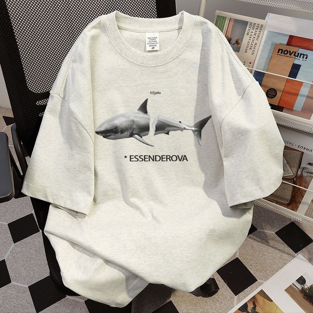 COD (จัดส่งในกรุงเทพฯ) MAO Shop Printed T-shirt，ฉลามขาวอเมริกัน สไตล์อเมริกัน oversize #52056