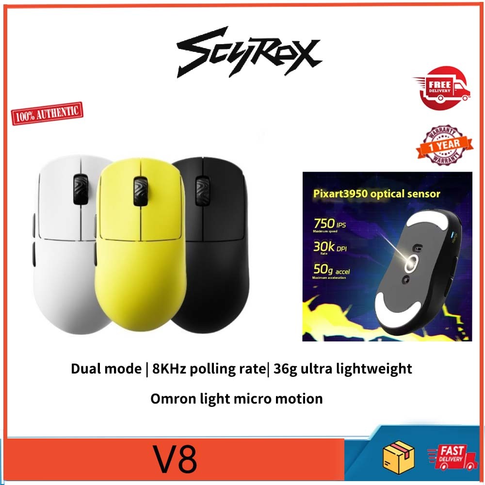 Scyrox V8 เมาส์เกมมิ่งไร้สายน้ําหนักเบาเป็นพิเศษ เซ็นเซอร์ pixart 3950, อัตราการผสมเกสร 8K, ไมโครความเคลื่อนไหวแสง Omron, 30000DPI, เมาส์สําหรับเล่นเกมแบบมีสาย 2.4G/