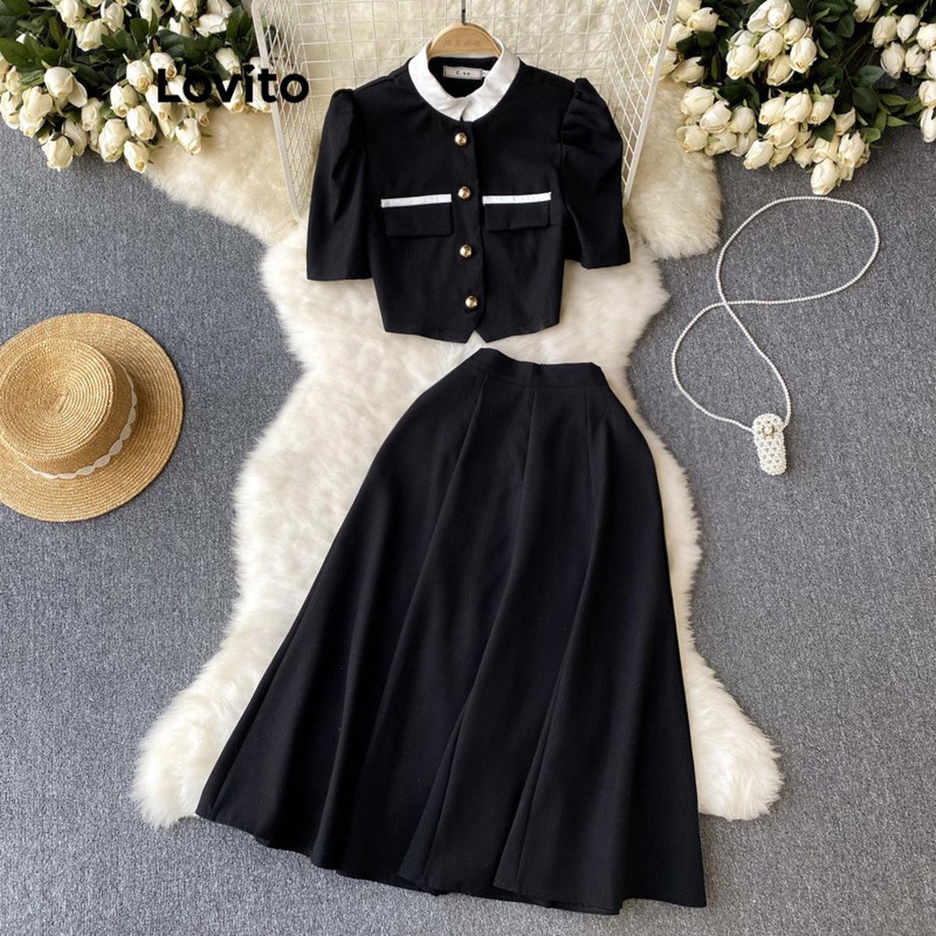 Lovito เซ็ทกระโปรงผู้หญิง แพทช์เวิร์ก แต่งขอบสี มีกระดุม กระเป๋าปลอม สไตล์หรูหรา LNL50085