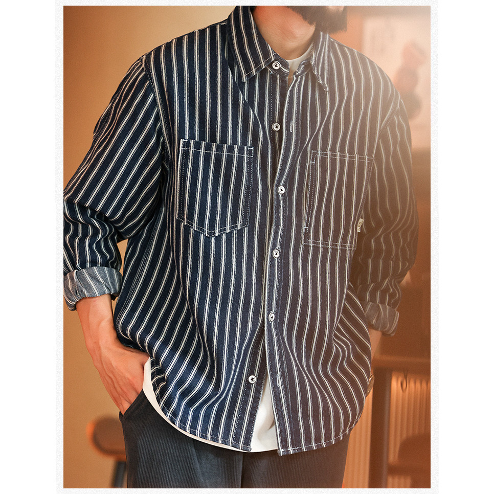 อเมริกันย้อนยุคแนวตั้งลายเสื้อเชิ้ตผู้ชายกว้างเล็กน้อยแขนยาวกระเป๋ากลางแจ้งลําลองแจ็คเก็ตยีนส์แจ็คเก็ตฤดูใบไม้ผลิ - รูปที่ 2