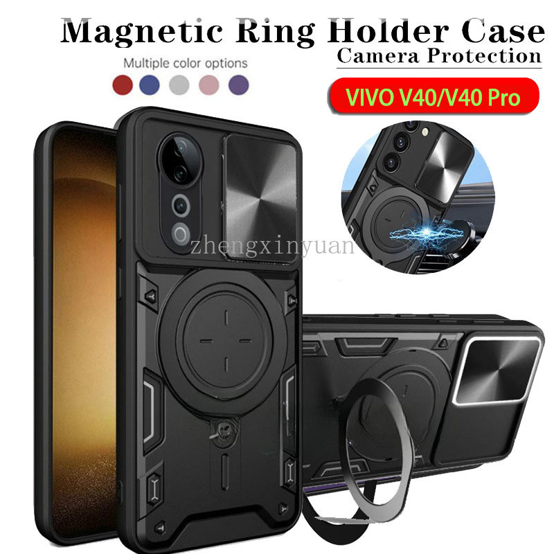 สไลด์เลนส์ปกป้องเคสโทรศัพท์สําหรับvivo V40 Pro V40PRO 5G 2024 Magnetic Car Holderเกราะกันชน Hard ShellสําหรับVivoV40 VIVOV40Proปกหลัง