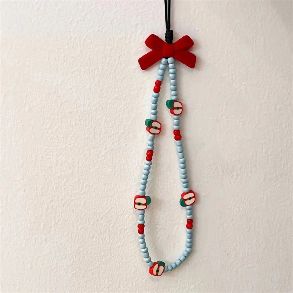 Ins ผลไม้เกาหลีเชอร์รี่โบว์ลูกปัดโทรศัพท์ Charm สายคล้องจี้สําหรับ iPhone Samsung Accessrioes Chain Lanyard ผู้หญิงแขวนเชือก