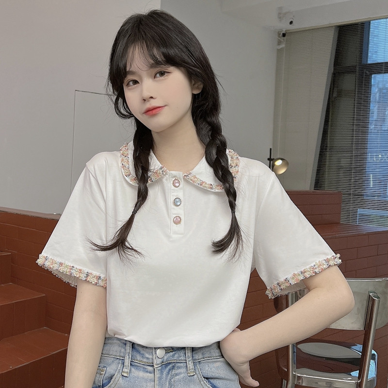เสื้อโปโลแขนสั้นทรงหลวมสีคอนทราสต์แมทช์ลุคง่ายแบบใหม่ฤดูร้อนผ้าฝ้ายแท้เสื้อยืดลูกไม้สีเข้ากันกับสีเสื้อหญิงทรงมิงค์