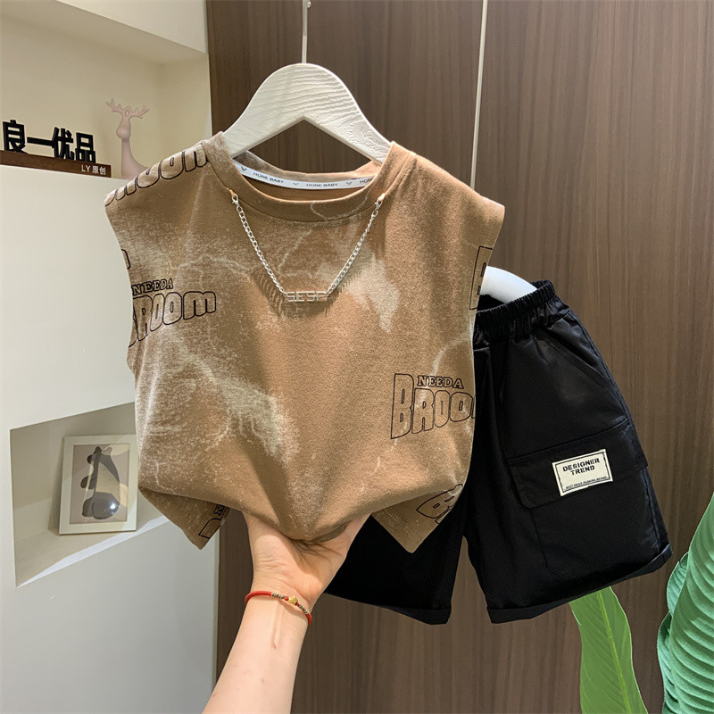 ชุดเสื้อกั๊กเด็กฤดูร้อนเด็กชาย 2024 สไตล์ใหม่ทารกฤดูร้อนแขนกุดบางสไตล์กีฬาชุดสองชิ้น