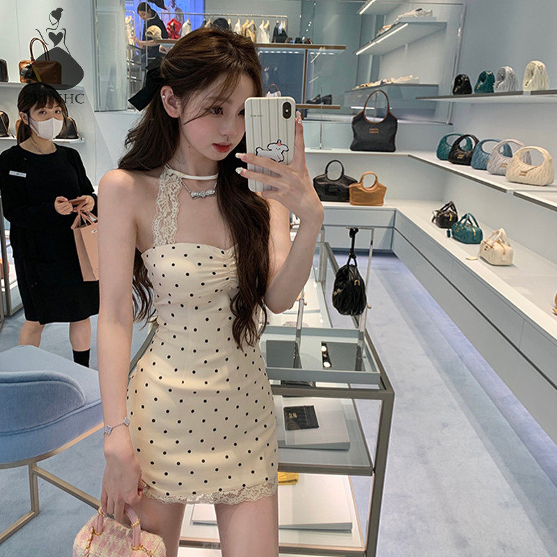 Crlnhc ผู้หญิงเซ็กซี่ Polka Dot ลูกไม้ Patchwork แขนกุดชุดราตรี Mini Dress Th