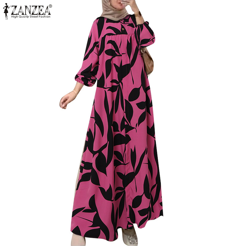 ZANZEA ซานเซีย ผู้หญิงมุสลิมแฟชั่นพิมพ์แขนโคมไฟข้อเท้าความยาวชุด