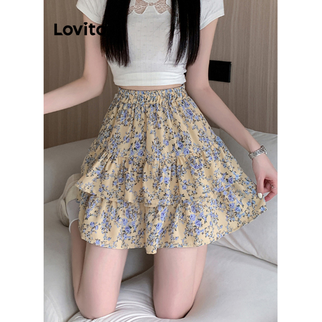 Lovito กระโปรงลายดอกไม้ ดิทซี่ น่ารักน่ารักกุ๊นขอบกระโปรงสองชั้นสำหรับผู้หญิง LNE68527