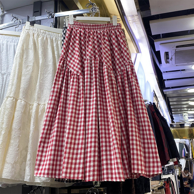 Summer Western Style Skirt for WomenaWord Elastic High Waist Japanese Mid-Length Skirt Large Swing Irregular Stitching Plaid Loose