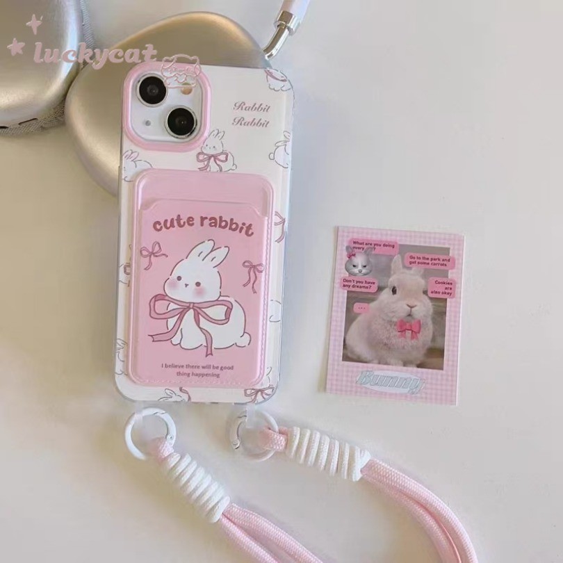 Iphone 15 14 13 12 11 Pro Max X Xr Xs Max 7 8 Plus SE2020 เคสโทรศัพท์การ์ตูนหวานสีชมพูโบว์น่ารักแป้ง Blusher กระต่ายการ์ดใส + Lanyard ฝาหลังนุ่ม