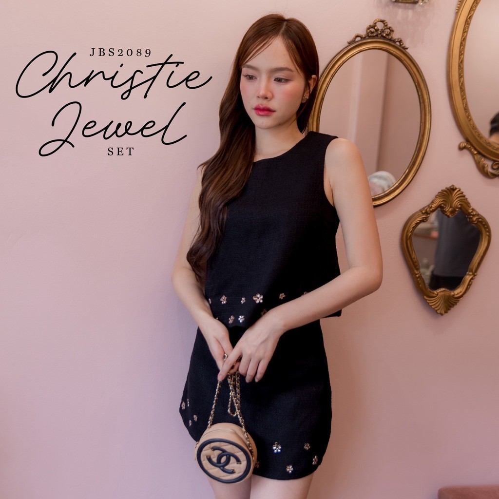 #JBS2089 Christie Jewel Set* เซ็ทเสื้อ+กระโปรง ผ้าทวีตงานปักดอกไม้