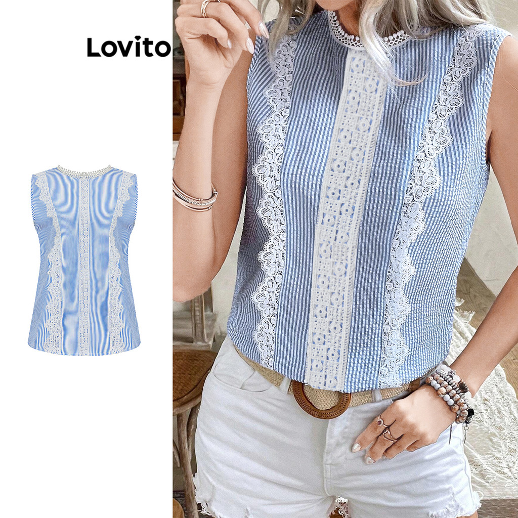 Lovito เสื้อลูกไม้ลายทางหรูหราสำหรับผู้หญิง L99ED868