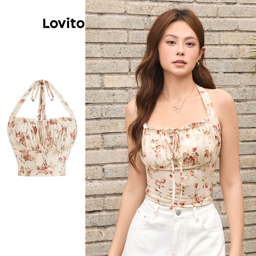 Lovito เสื้อกล้ามลายดอกไม้ โบฮีเมียนลายเดซี่ลายดอกไม้โบว์ด้านหน้าสำหรับผู้หญิง L99ED632