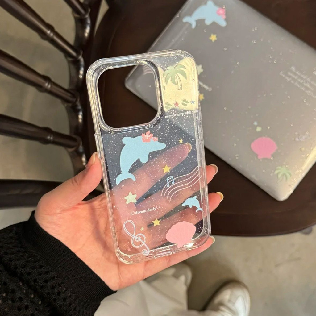 ปลาโลมามะพร้าวเกาหลีญี่ปุ่นเหมาะสําหรับ Apple 16/15pro เคสโทรศัพท์ 14/13/12 Soft Case XR Glitter x/7/8plus เคสโทรศัพท์