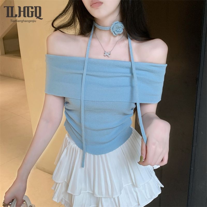 Tian-lianhaogeqiu เสื้อยืดผู้หญิงไหล่เดียวสไตล์เกาหลีสลิมฟิตน่ารักเซ็กซี่แฟชั่นเรียบง่าย