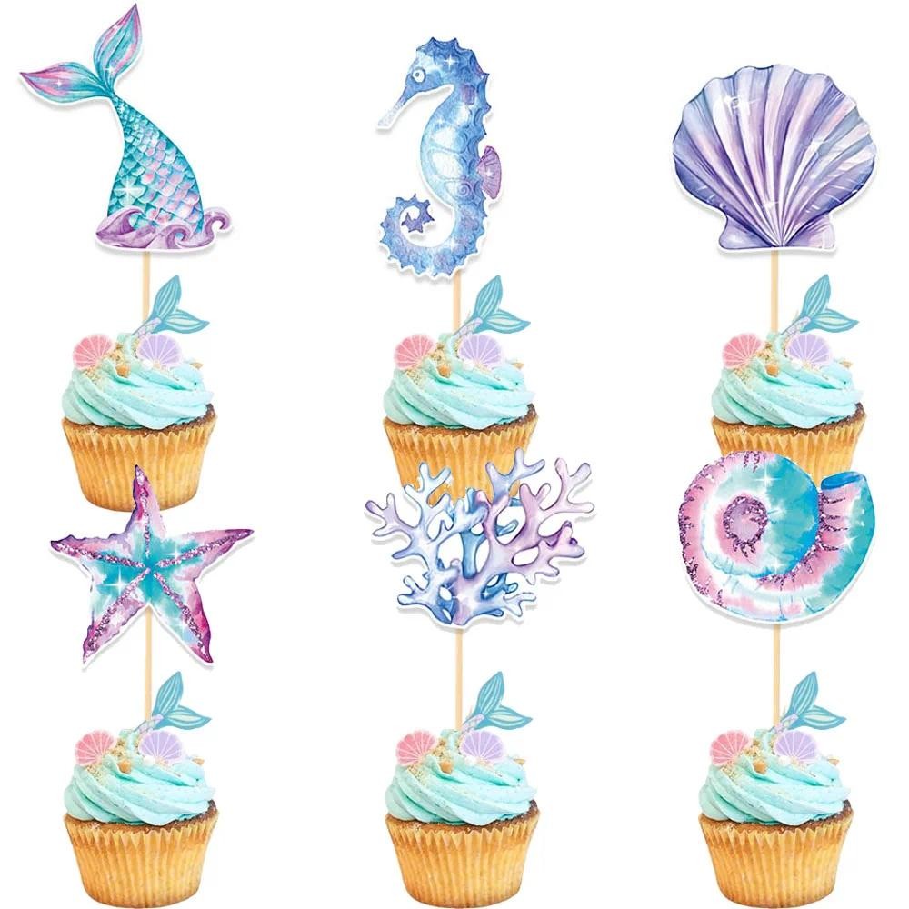 24 ชิ้น Mermaid Cupcake Toppers Glitter ปลาดาว Shell Mermaid Tail Cupcake เค้กตกแต่งสําหรับ Under th