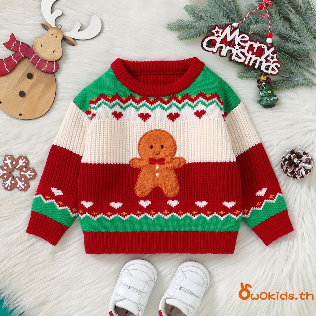 Grao-toddler Christmas Sweatshirt Gingerbread Man ปักแขนยาวคอกลม Ribbed ถักเสื้อสวมหัว