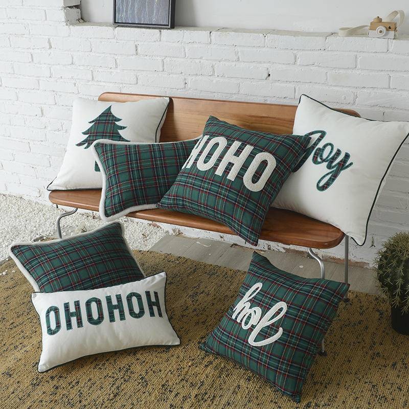 ผ้าฝ้ายโพลีเอสเตอร์ CanvasThrow หมอนคริสต์มาสสีเขียว Checkered ปัก Edging Hairy Edge Pasting ปักผ้าปลอกหมอนพนักพิงเบาะรองนั่ง