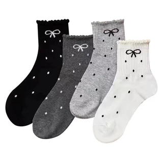 Polka Dot Bow ถุงเท้าผู้หญิงฤดูใบไม้ร่วงฤดูหนาวสไตล์ใหม่ญี่ปุ่น Influencer Sweat-