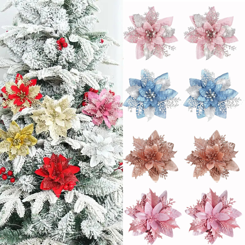 Xmas Tree Gold สีชมพูดอกไม้ประดิษฐ์คริสต์มาสดอกไม้พร้อมคลิปแขวนเครื่องประดับ Party Decors