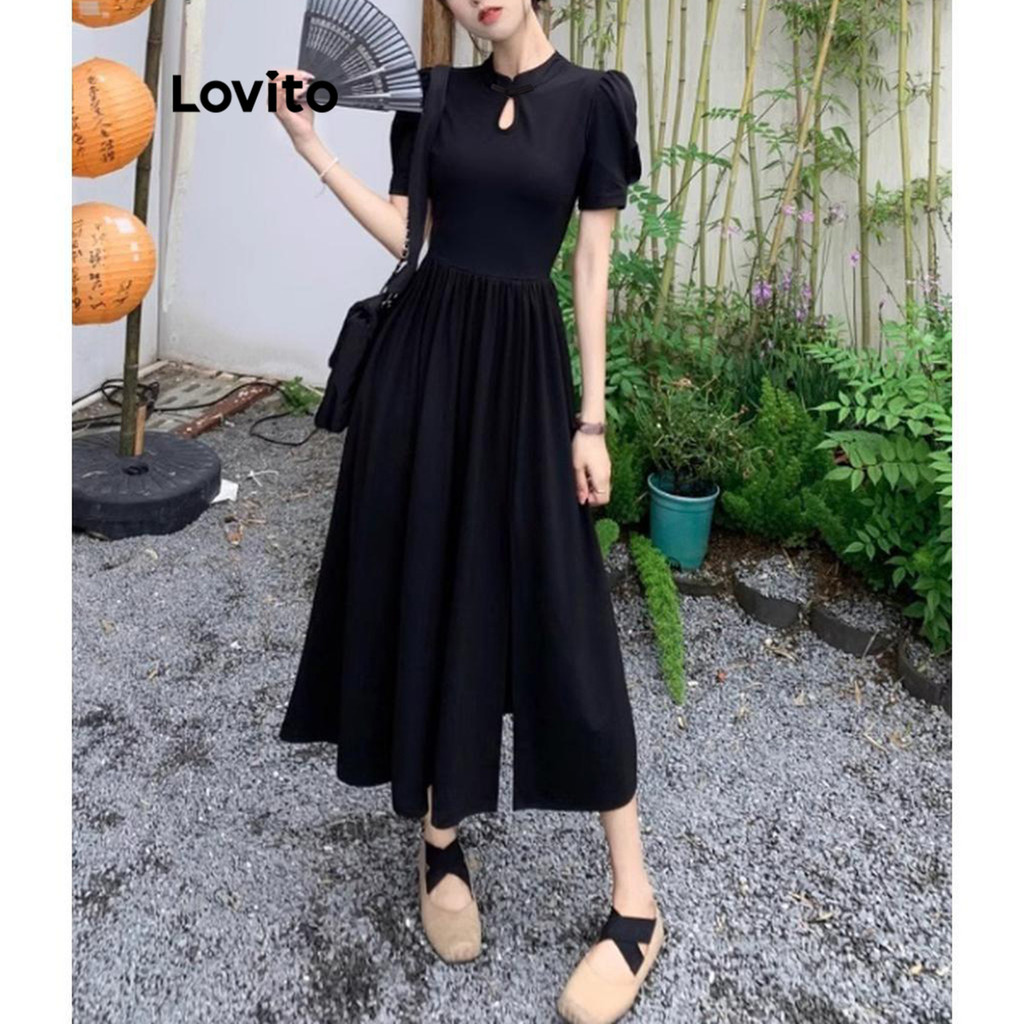 Lovito ชุดเดรสผู้หญิง แบบผ่า สีพื้น หรูหรา LNE62505