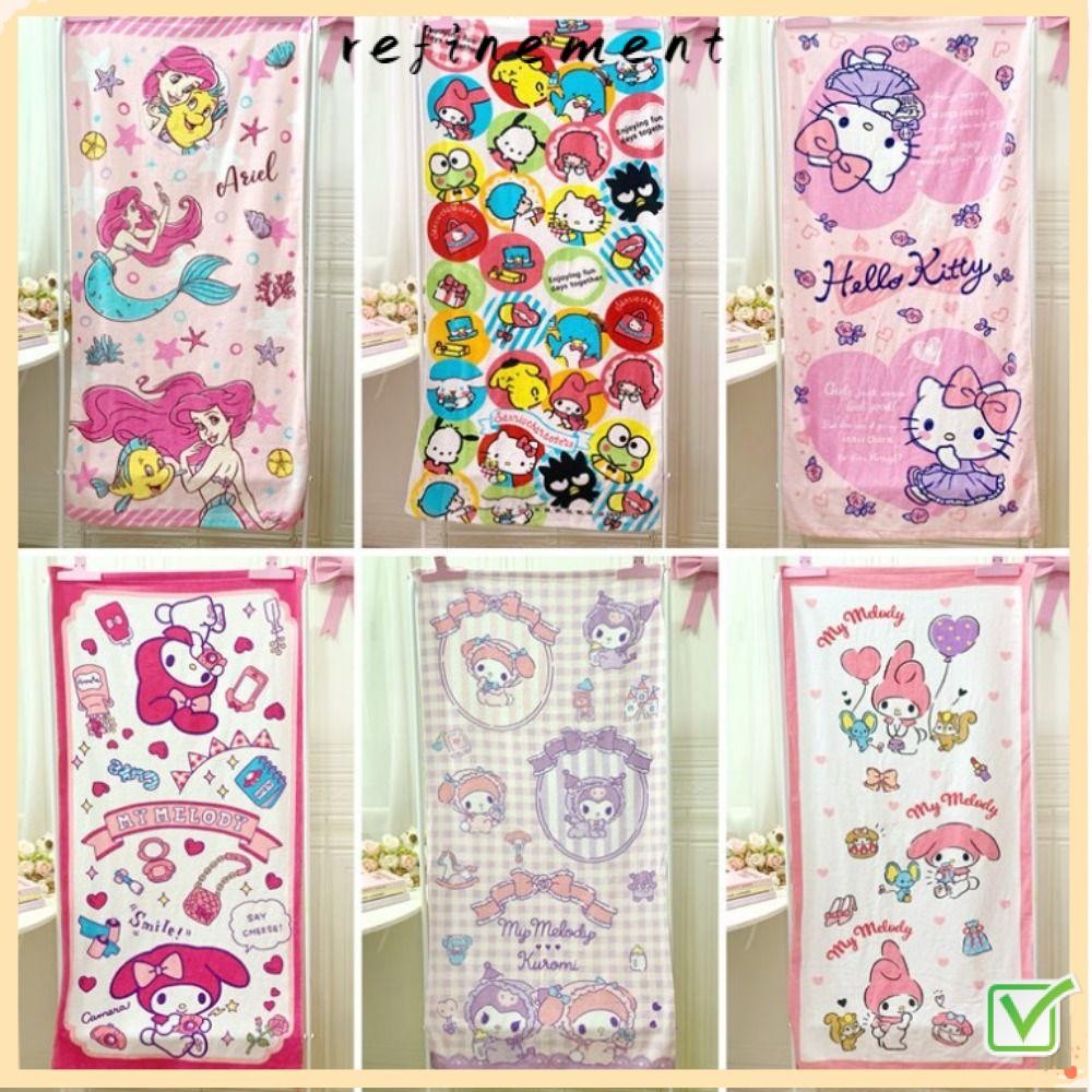 SANRIO สะท้อนกลับ ผ้าขนหนูซานริโอ้, ผ้าขนหนูอาบน้ําการ์ตูนไมโครไฟเบอร์ดูดซับน้ํา, ผ้าขนหนูห่อเมโลดี้ผ้าฝ้ายนุ่ม