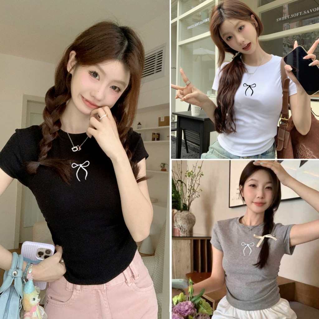 Luna Shop เสื้อยืดทรงสลิมฟิตพิมพ์ลายผีเสื้อ สไตล์การออกแบบ ฤดูร้อน ผู้หญิง