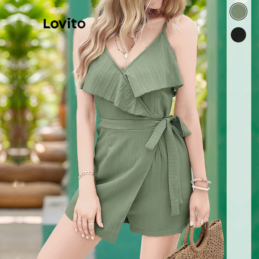 Lovito จั๊มสูทผู้หญิง แต่งแต่งระบาย ผูกเชือก สีพื้น สไตล์ลำลอง LNM69290