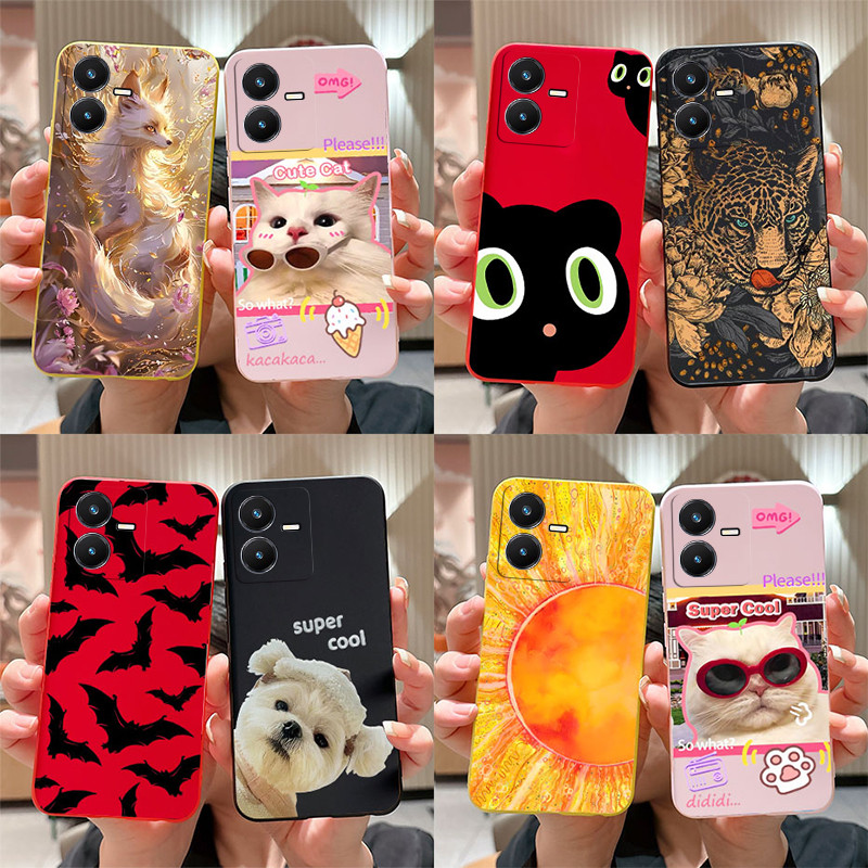 สําหรับ Vivo Y22 Y22s กรณี V2206 V2207 ซิลิโคนนุ่ม TPU น่ารักการ์ตูนแมว Fox รูปแบบเคสโทรศัพท์ปกหลังสําหรับ VivoY22 Y 22 S 4G ปลอก