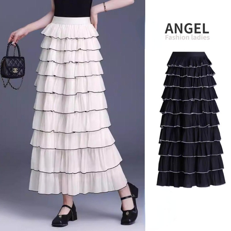 [3 สี]angel แฟชั่นผู้หญิง midi กระโปรงตาข่ายลายพิมพ์เกาหลี Layered elastic เอวสูง A-line สีดําบางขนาดใหญ่ swing Tutu กระโปรง Tulle กระโปรงเค้กยาวสําหรับผู้หญิง
