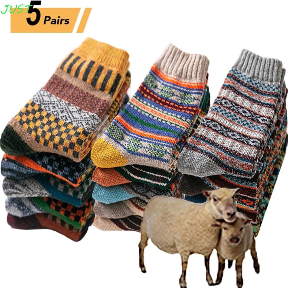 Just 5 คู่ Thicken ถุงเท้าฤดูหนาว, Snow Warm ถุงเท้าผ้าฝ้ายผู้ชาย, Cozy Christmas Stripes กลางลูกวัวถุงเท้าหลอดขนสัตว์เดินป่า