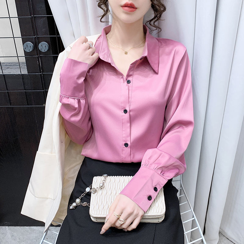 High-end เสื้อจําลองผ้าไหม Crepe ซาตินเสื้อแขนยาวผู้หญิงหลวม Commuter Classy สีขาวขนาดใหญ่ S-5XL