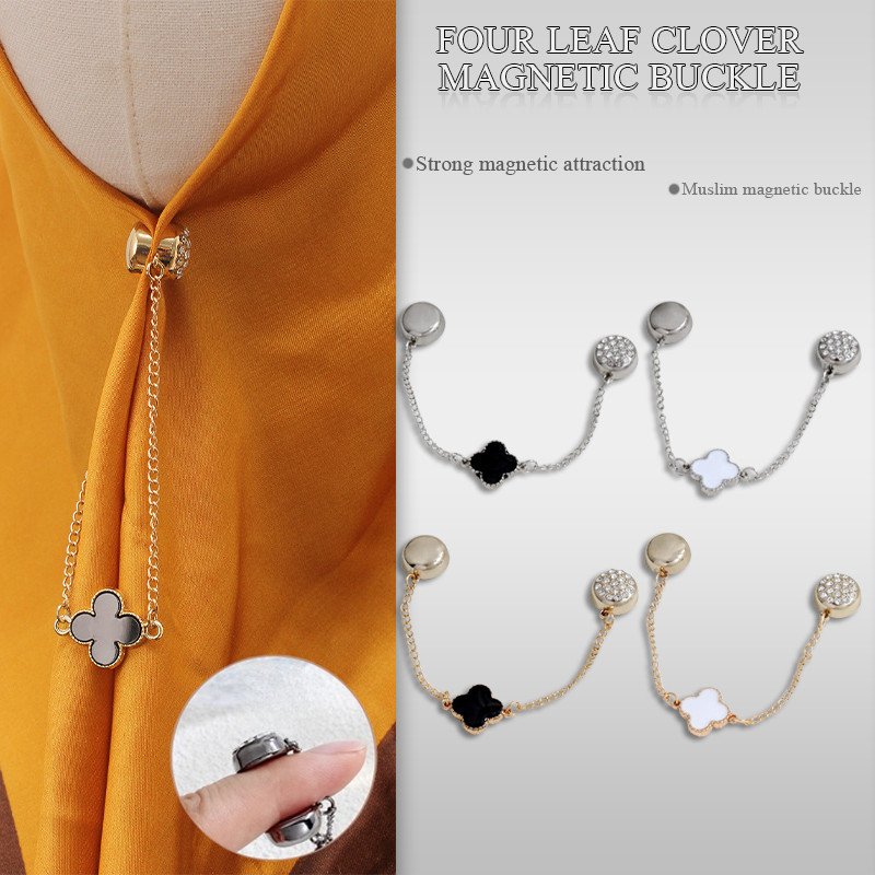 หัวเข็มขัดแม่เหล็กมุสลิมผ้ากอซปลอดตะเข็บหัวเข็มขัดแม่เหล็กคงที่ผ้าโพกหัวหัวเข็มขัดแม่เหล็กแรงสูงโซ่โคลเวอร์สี่ใบไม่ซีดจางเพทายหัวเข็มขัดไร้ร่องรอย